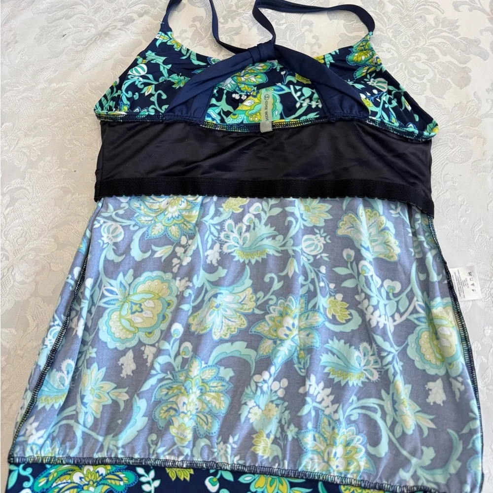 Lands' End Sz 10 Blouson Blue Paisley‎ Floral Tankini Top Swimsuit Tummy Hiding